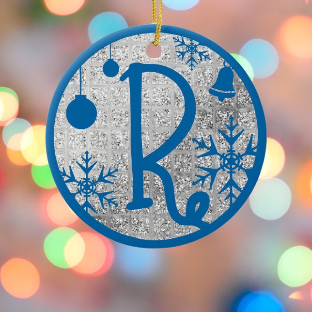 Jul Monogram Brev R Blue Silver Glitter Julgransprydnad Keramik (Skapare uppladdad)
