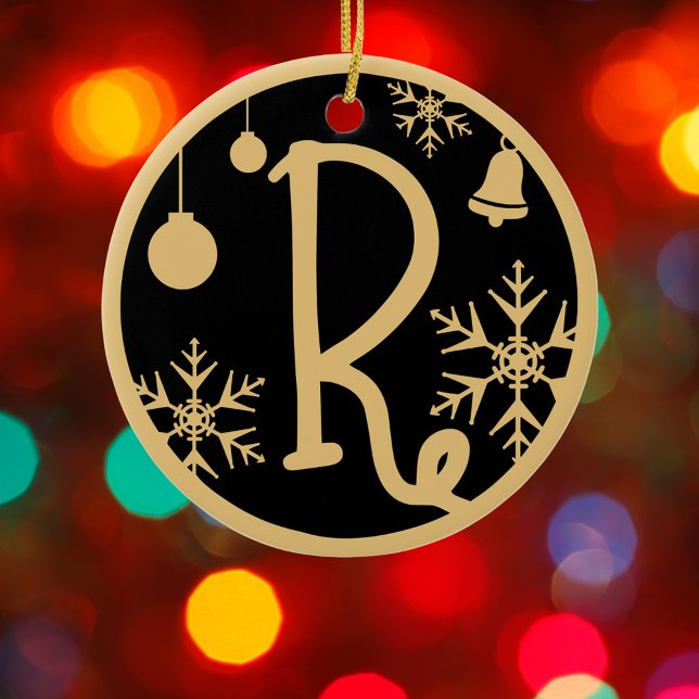 Jul Monogram Brev R Guld Black Julgransprydnad Keramik (Skapare uppladdad)