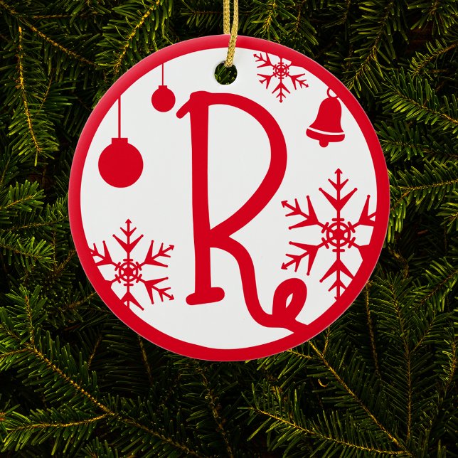 Jul Monogram Brev R Röd vit Julgransprydnad Keramik (Skapare uppladdad)