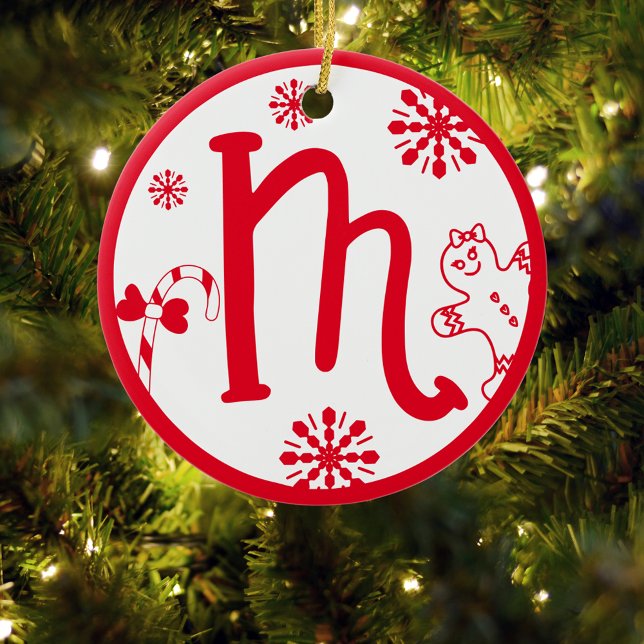 Jul Monogram Brev Röd vit Julgransprydnad Keramik (Skapare uppladdad)
