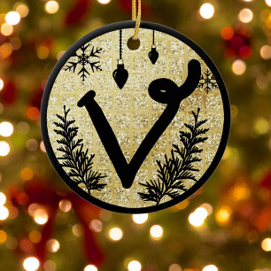 Jul Monogram Brev V Black Guld Glitter Julgransprydnad Keramik