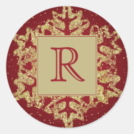 Jul Monogram Glitter Snowflake Red Guld Runt Klistermärke