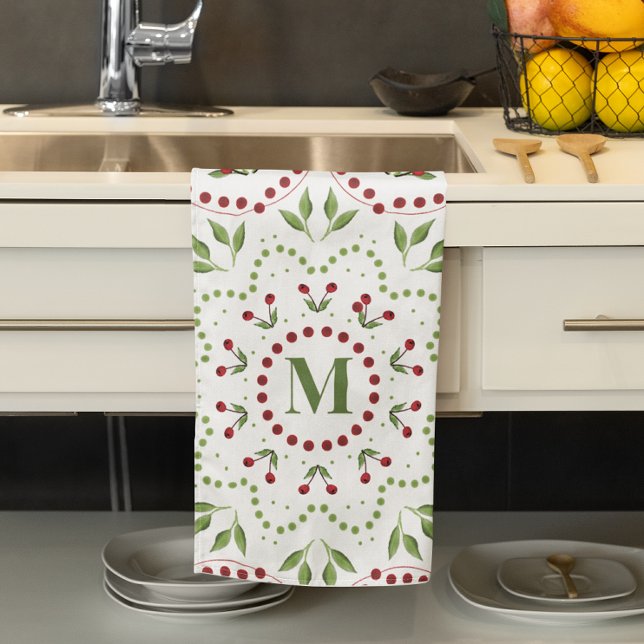 jul Monogram Greenery Foliage Holly Berries Kökshandduk (Simple monogram Holiday greenery mandala kitchen towel.)