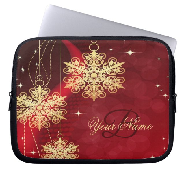 Jul Monogram Namn Red Golden Snöflingor Gift Laptop Fodral (Framsidan)
