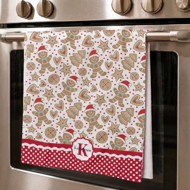 Jul - Monogram Pepparkaksgubbe Kökshandduk (A fun monogram Christmas gingerbread man kitchen towel)