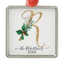 Jul Monogram R Guld Glitter Holly Foliage