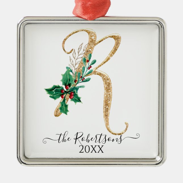 Jul Monogram R Guld Glitter Holly Foliage Julgransprydnad Metall (Framsidan)