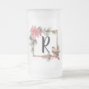 Jul Monogram Ram med fåglar och Poinsettia Frostat Ölglas