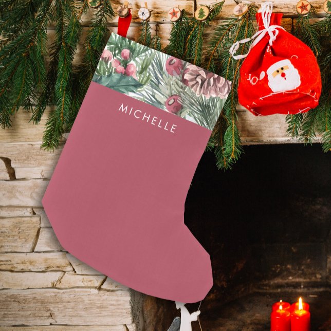 Jul Monogram Red Holly Berries Gräs Cone Liten Julstrumpa (Watercolor holly berries and pine needles for a botanical style Christmas holiday stocking.)