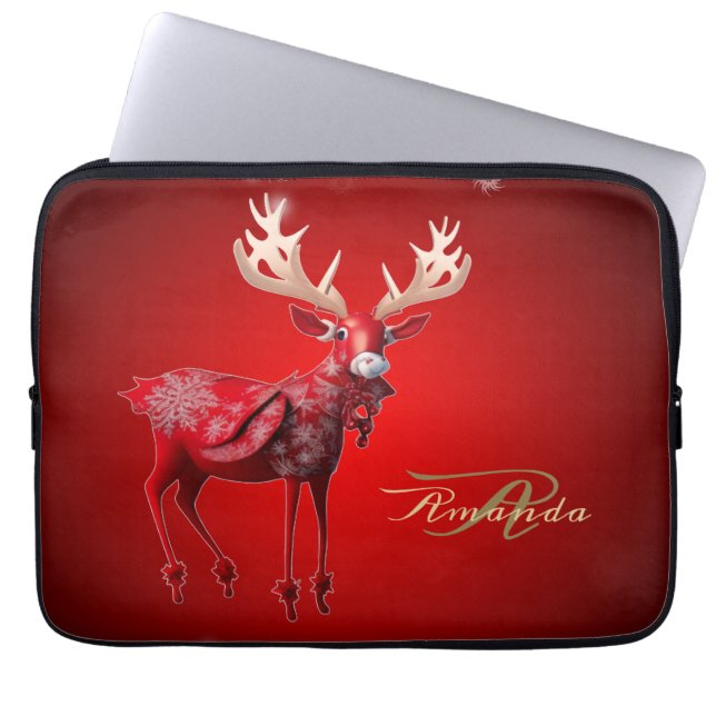 Jul Monogram Röd Ren Vinterfirande Laptop Fodral (Framsidan)