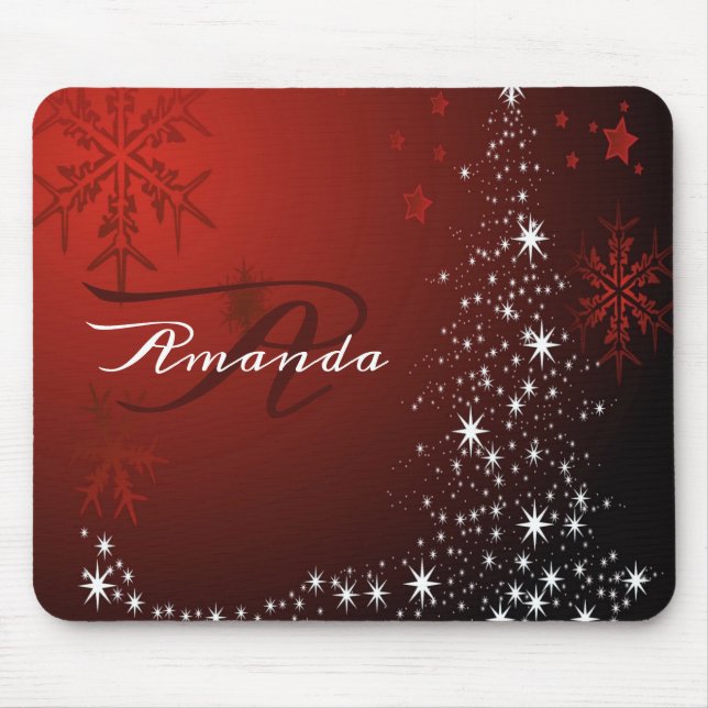 Jul Monogram White Stars Träd Red Snöflingor Musmatta (Framsidan)
