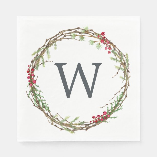 Jul Monogram Winter Greenery Wandeberries Pappersservett (Framsidan)
