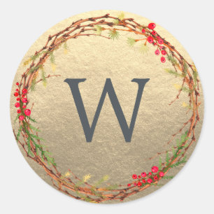 Jul Monogram Winter Greenery Wandey Guld Runt Klistermärke