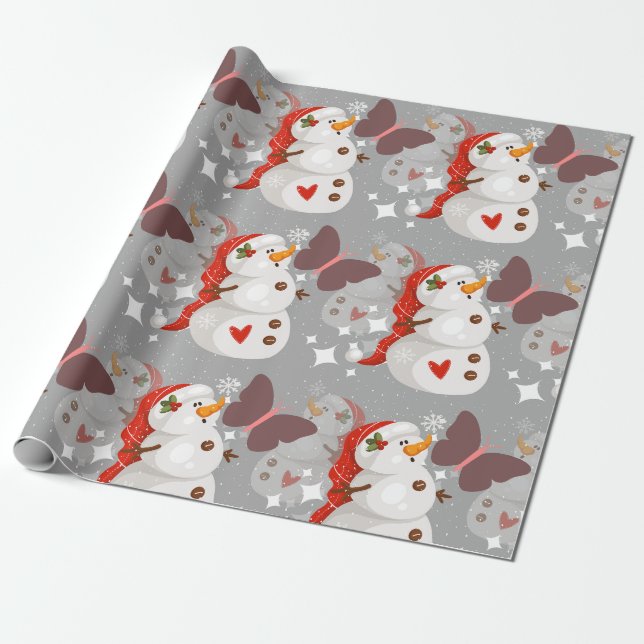 Jul Mönster Cute Snögubbe och Butterflies Presentpapper (Utrullad)