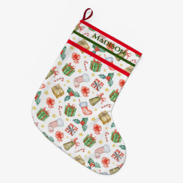 Jul Mönster Helgdag Red & Grönt Stor Julstrumpa