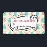 Jul Mönster med Bows och Baubles Gift Fraktsedel<br><div class="desc">En klibbig märkre med en söt julklapp mönster med en gräddbaksida med färgad med illustrationer av en grönblå färgad julgran och en klisterbauble med ett band i ett upprepande mönster. Ett finare-viskat ram i mitten har din information och säger: en god jul-gåva från dig.</div>