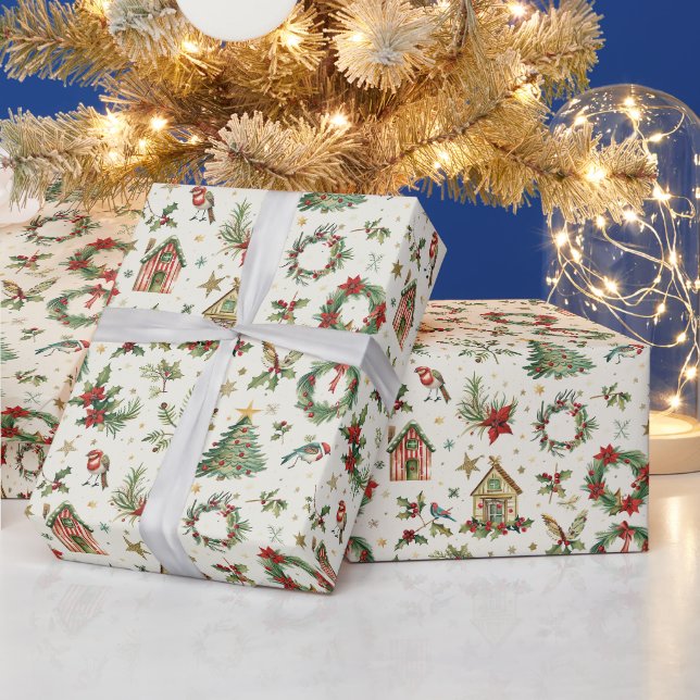 Jul Mönster med fåglar och holly Presentpapper (Helgdagar)