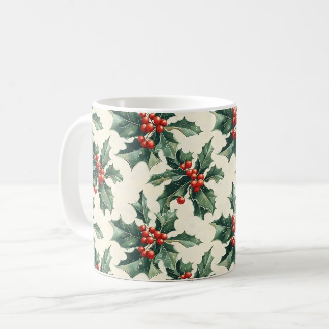 Jul Mönster med Holly Löv och Red Berry Kaffemugg (Framsida vänster)