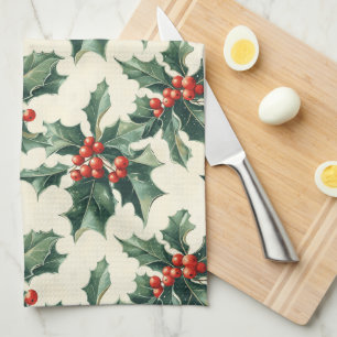 Jul Mönster med Holly Löv och Red Berry Kökshandduk