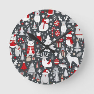 Jul mönster snögubbe, Santa träd grått-dekalor Rund Klocka