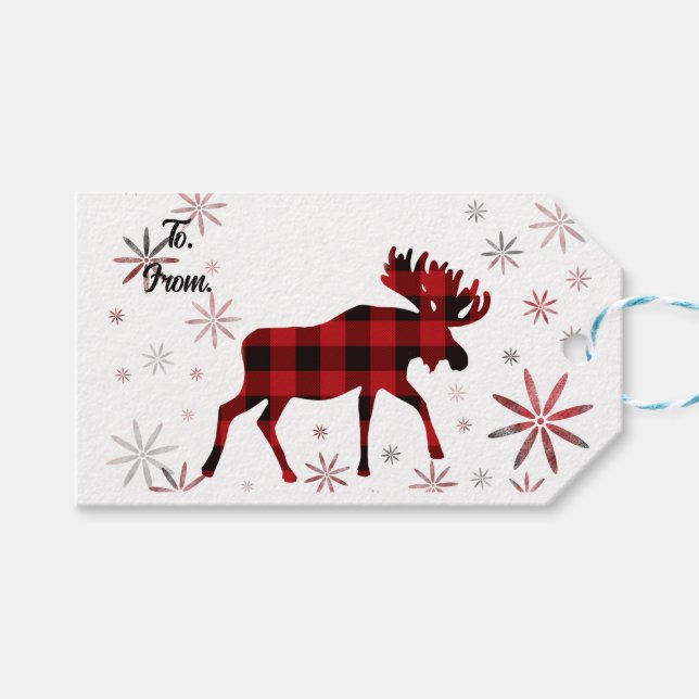 Jul Moose Red plaid snöflingor Presentetikett (Framsidan (Horisontell))