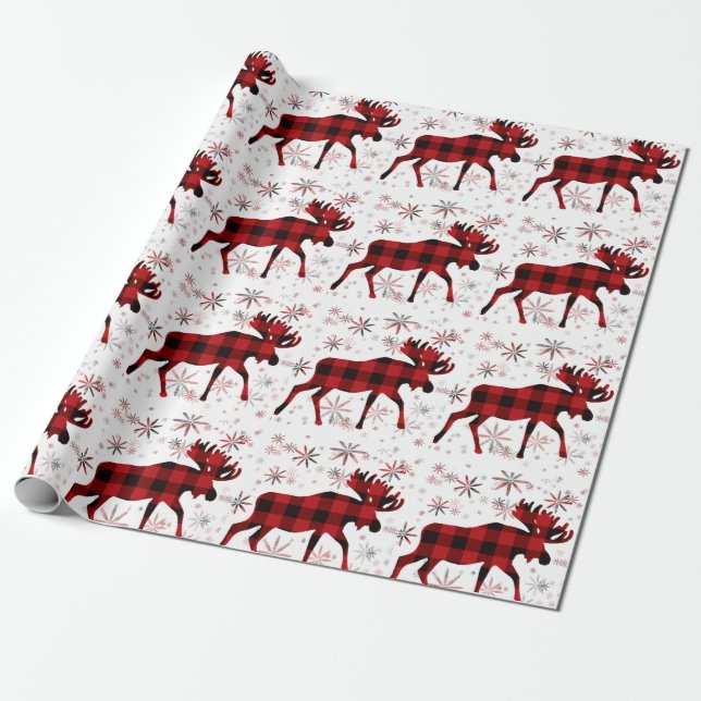 Jul Moose Red plaid snöflingor Presentpapper (Utrullad)