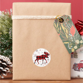 Jul Moose Red plaid snöflingor Runt Klistermärke