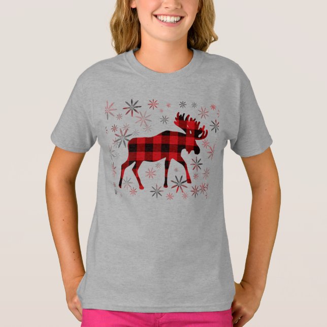 Jul Moose Red plaid snöflingor T Shirt (Framsida)