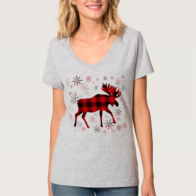 Jul Moose Red plaid snöflingor T Shirt (Framsida)