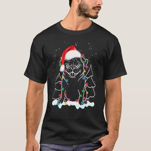 Jul Mops Hund Julbelysning Tomtehatt Hund X T Shirt (Framsida)