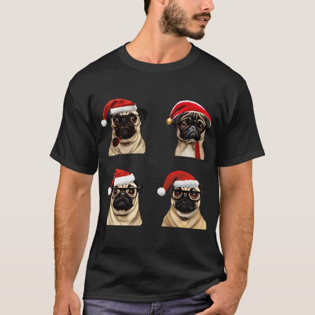 Jul-mops-hund-paket - söt mops med glasögon som rö t shirt (Framsida)