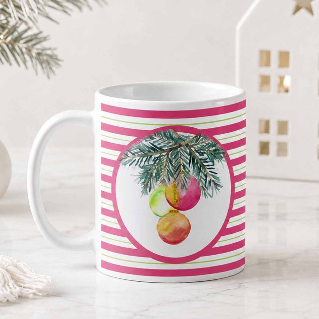 Jul Mugg Cute Rosa och Grönt (Pink Christmas coffee mugs designed with hand painted baubles and pine boughs.)