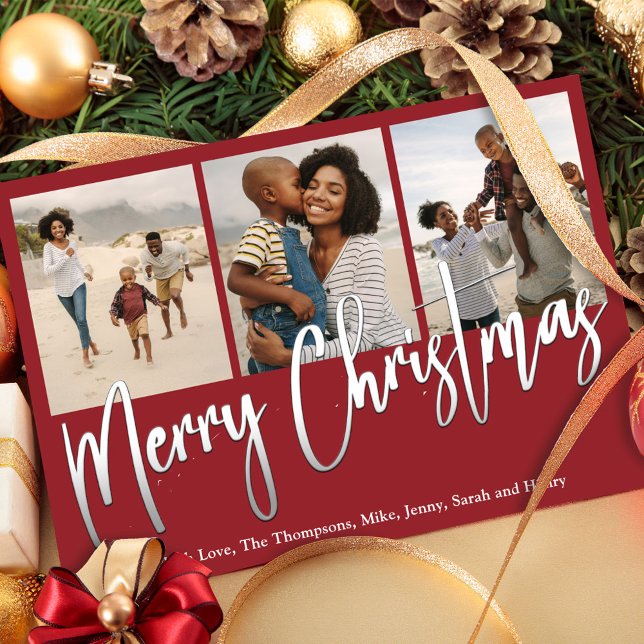 Jul Multi Photo Winter Greenery Holly Julkort (The background and artwork are also editable. Design to fit your party theme and décor. )