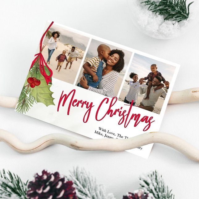 Jul Multi Photo Winter Greenery Holly Julkort (Merry Christmas holiday photo card with a calligraphy script and Holly Greenery design. )