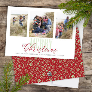 Jul Multi Three Photo Red Grönt Snowflake Julkort