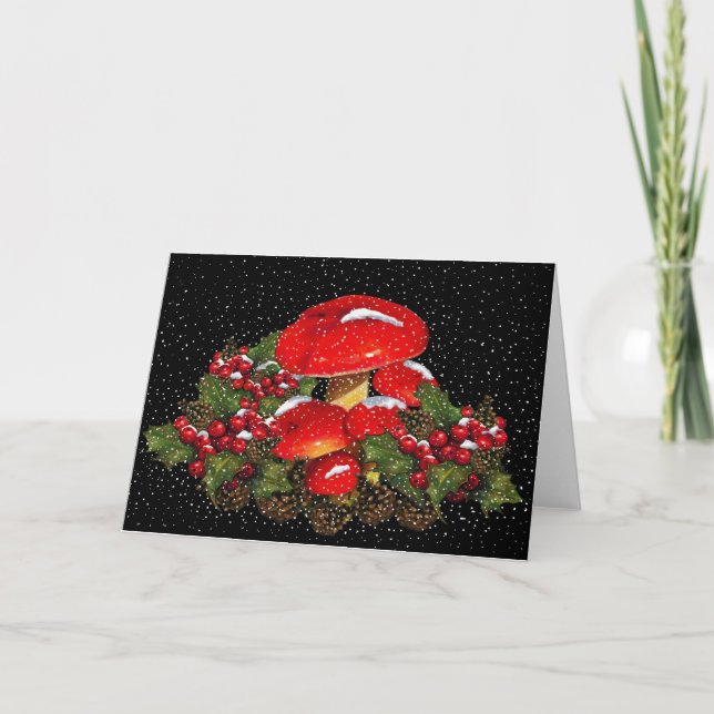 Jul Mushroom, Toadstools, Snö, Holly Helgkort (Framsida)