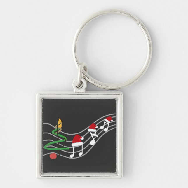 Jul Musik noter Santa Hat Treble Clef Fyrkantig Silverfärgad Nyckelring (Framsidan)