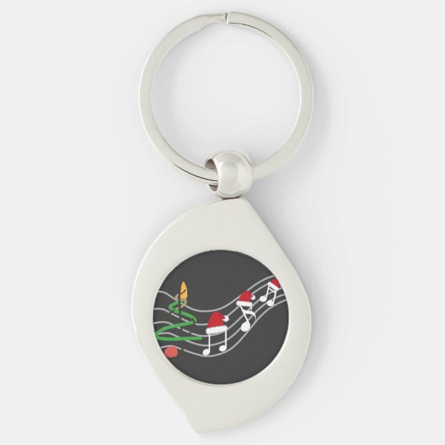 Jul Musik noter Santa Hat Treble Clef Swirl Silverfärgad Nyckelring (Framsidan)