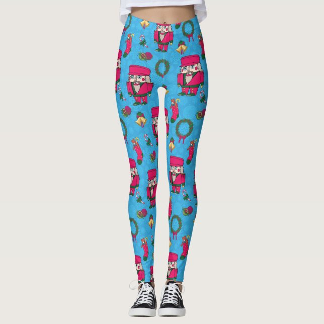 Jul Näckracker leksak,Blå snöflingemönster Leggings (Framsida)