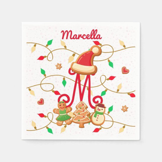 Jul Namn Monogram Anpassningsbar Gingerbröd Red Pappersservett (Framsidan)