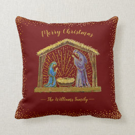 Jul Nativitet Manger Guld Red Family Namn Kudde
