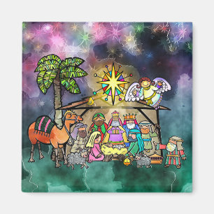 Jul Nativitet Vattenfärg Doodle Scene Magnet
