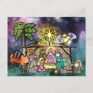 Jul Nativitet Vattenfärg Doodle Scene Vykort