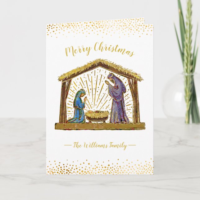 Jul Nativitetsmanger White Guld Typography Helgkort (Framsida)
