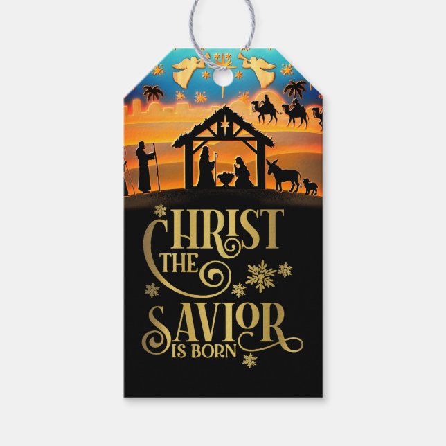 "Jul Nativity Bebis Jesus i krubba Presentetikett (Framsidan)
