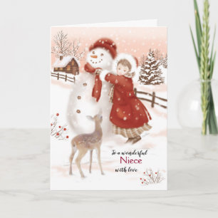 Jul, Niece, Hjort, Girl och Snögubbe Helgkort