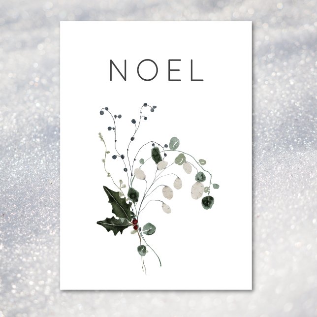 Jul Noel Rustic Minimal Holly Greenery Julkort (Christmas Noel Rustic Minimal Holly Greenery Holiday Card)