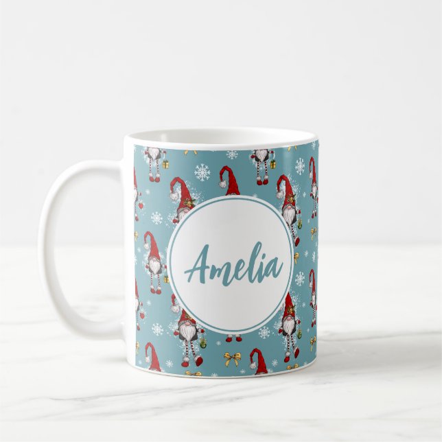 Jul Nordiska Tomtar Blå Mönster Med Namn  Kaffemugg (Vänster)