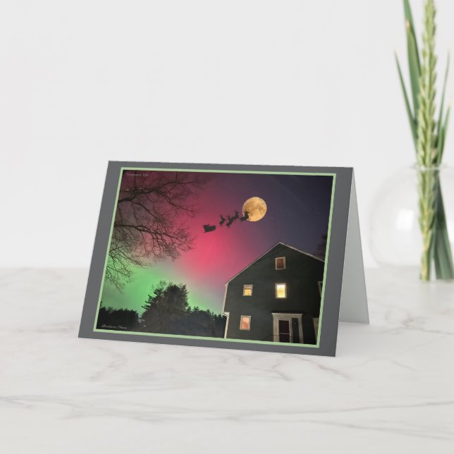 Jul - nordlys med tomte helgkort (Framsida)