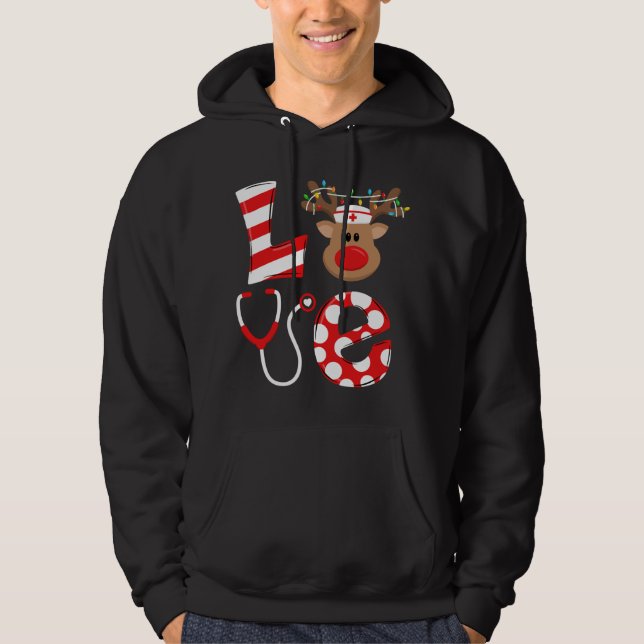 Jul Nurse Kärlek NICU RN ER Santa Reindeer Nur Hoodie (Framsida)